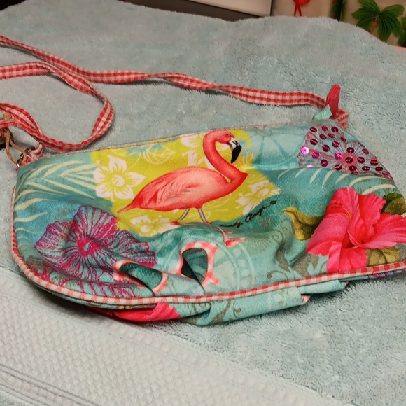 Flamingo crossbody purse cloth w/ sequins on one side - Picture 1 of 4